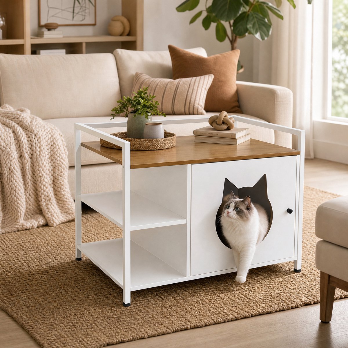 PHOEBE CAT Opbergkast - Bijzettafel - Kattenbakmeubel - Openingen in de vorm van een kattenkop - 2 planken - Wit + Naturel