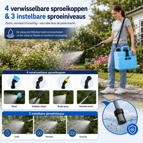 MUPOO Elektrische Drukspuit zuurbestendig 8L-draagbare Plantenspuit Accu- tuinsproeier met 4 Sproeikoppen-onkruidspuit-gifspuit- 3 Standen - Blauw — afbeelding 5