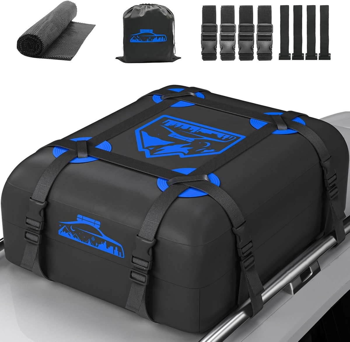 Thijox - Waterdichte Autodaktas 15 Cubic - Opvouwbare Dakkoffer met Antislipmat en 8 Robuuste Riemen - Perfect voor Auto's met/zonder Rek - Blauw