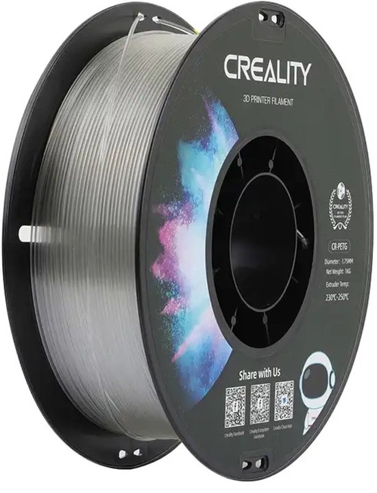 Klaar doorzichtige Creality 3D-printer filament rol met een zwart label en een regenboog splash.