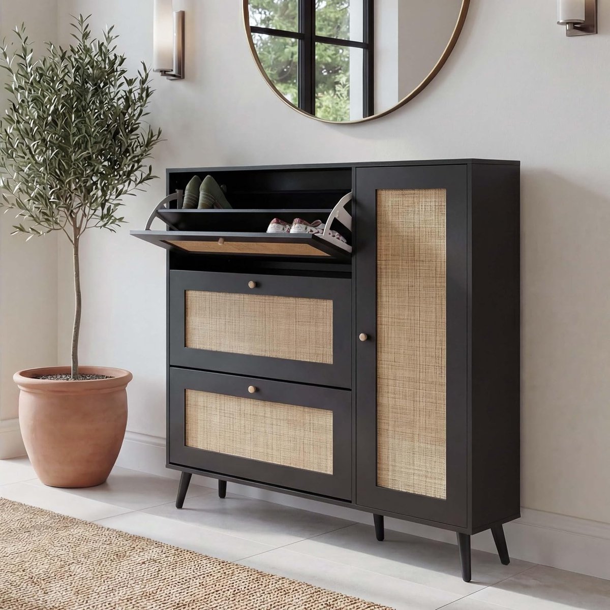 Schoenenkast met Rotan Deuren - House&Garden Midnight Noir Luxe Schoenenrek met 3 Kiepvakken en 2 Planken - Opbergkast voor 18-36 Paar Schoenen - Smalle Hal Kast Zwart - 120 x 24 x 127 cm