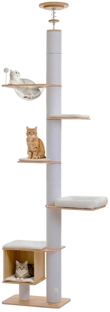 NordPaw® Plafond Krabpaal Kat XXL – Verstelbare Kattenboom van Vloer tot Plafond – Luxe Kattenmeubel met Krabpalen, Slaapcabine en Hangmat – Wit – 200,5-261,5 cm
