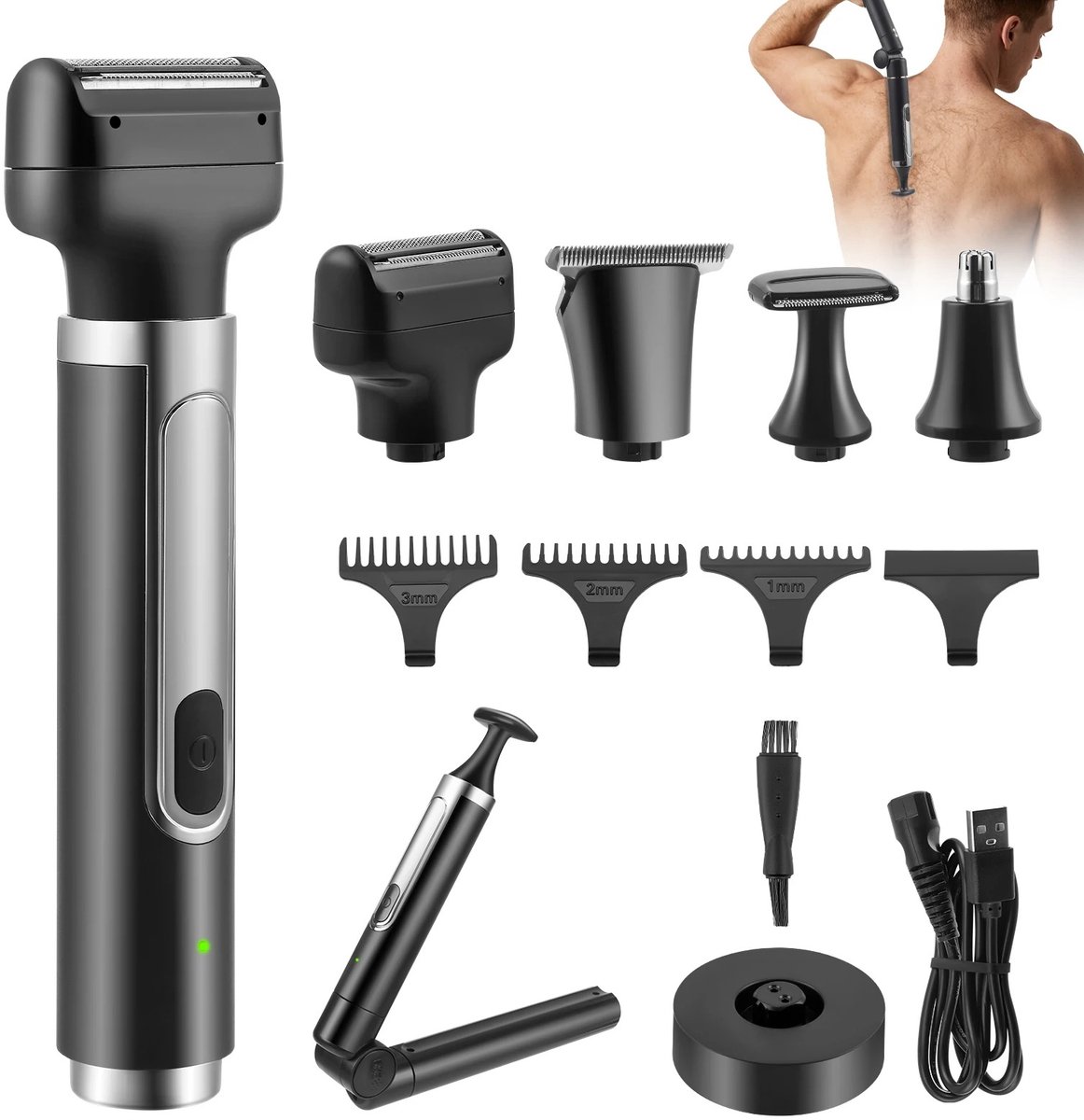 VHR Rug Scheerapparaat - Scheerapparaten - Scheerapparaat Mannen - 50cm Lange Steel - Nat en Droog - Draadloos - 9 Opzetstukken
