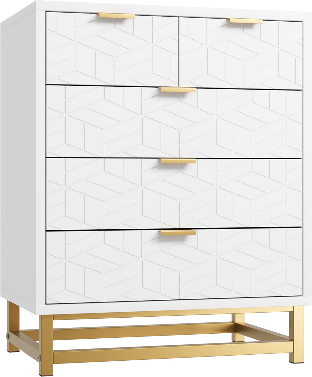 Ladekast Met 5 Laden Gouden Onderstel - Opbergkast Voor Hal Slaapkamer Woonkamer - Wit - 60x40x79cm