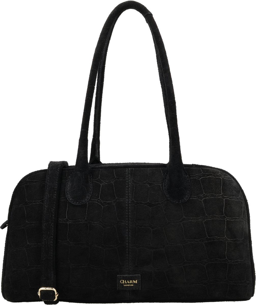 Charm London Cairo Schoudertas - Echt Suède - Crocoprint - Verstelbare Schouderband - Dames Tas - Telefoonvak - Shopper - Crossbody - Leren Dames Tas - Zwart