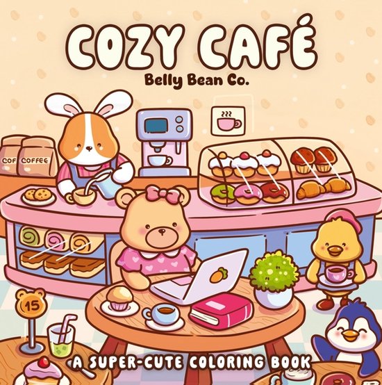 Kleurboek Cozy Café met een konijn, beer en kuiken in een schattig café vol gebakjes en koffie.