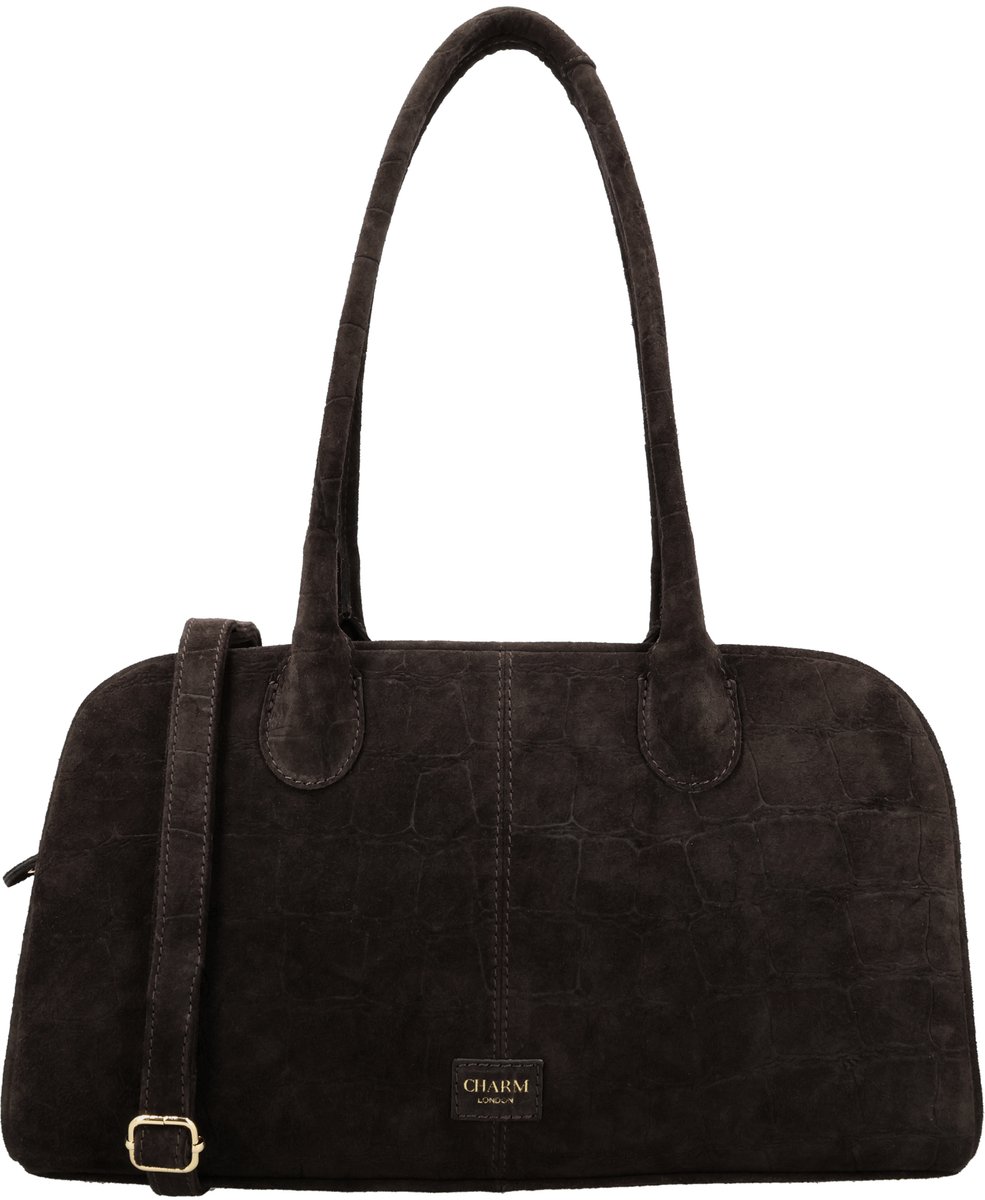 Charm London Cairo Schoudertas - Echt Suède - Crocoprint - Verstelbare Schouderband - Dames Tas - Telefoonvak - Shopper - Crossbody - Leren Dames Tas - Donkerbruin