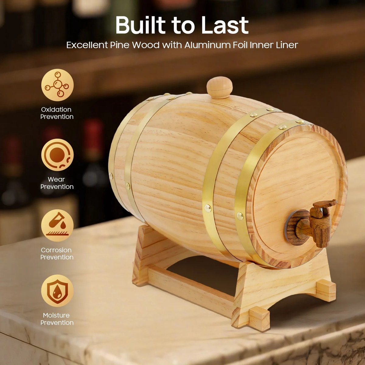 Dailygoods 3/5L Wijnvat met standaard, houten vat met kraan voor whisky en wijn, decoratie voor thuis en hotel, vintage