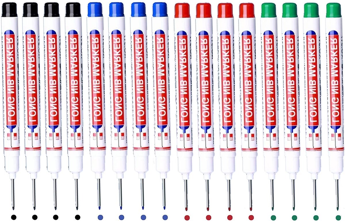 Dailygoods- Markeerstiften 16 Stuks - Permanente Marker - Diep Gat Marker Pen Set - Water- en Veegbestendig - Lijnbreedte 1 mm - Geschikt voor Diverse Oppervlakken - Timmermanspen