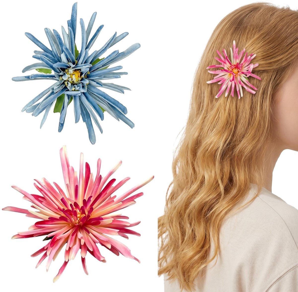 Dailygoods- Haarspelden Kunstmatige Madeliefje - 2 Stuks - Roze/Blauw - Krokodillenclip - Haaraccessoires - Perfect voor Feestjes