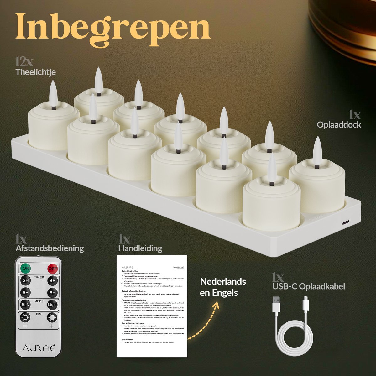 Aurae Oplaadbare Waxinelichtjes 12x - Theelichtjes Oplaadbaar - 40+ Branduren - Led Kaarsen met Afstandsbediening - Flikkerende Vlam - met Lader - Kerst Kaarsen — cadeau in Wonen & Interieur - foto 2