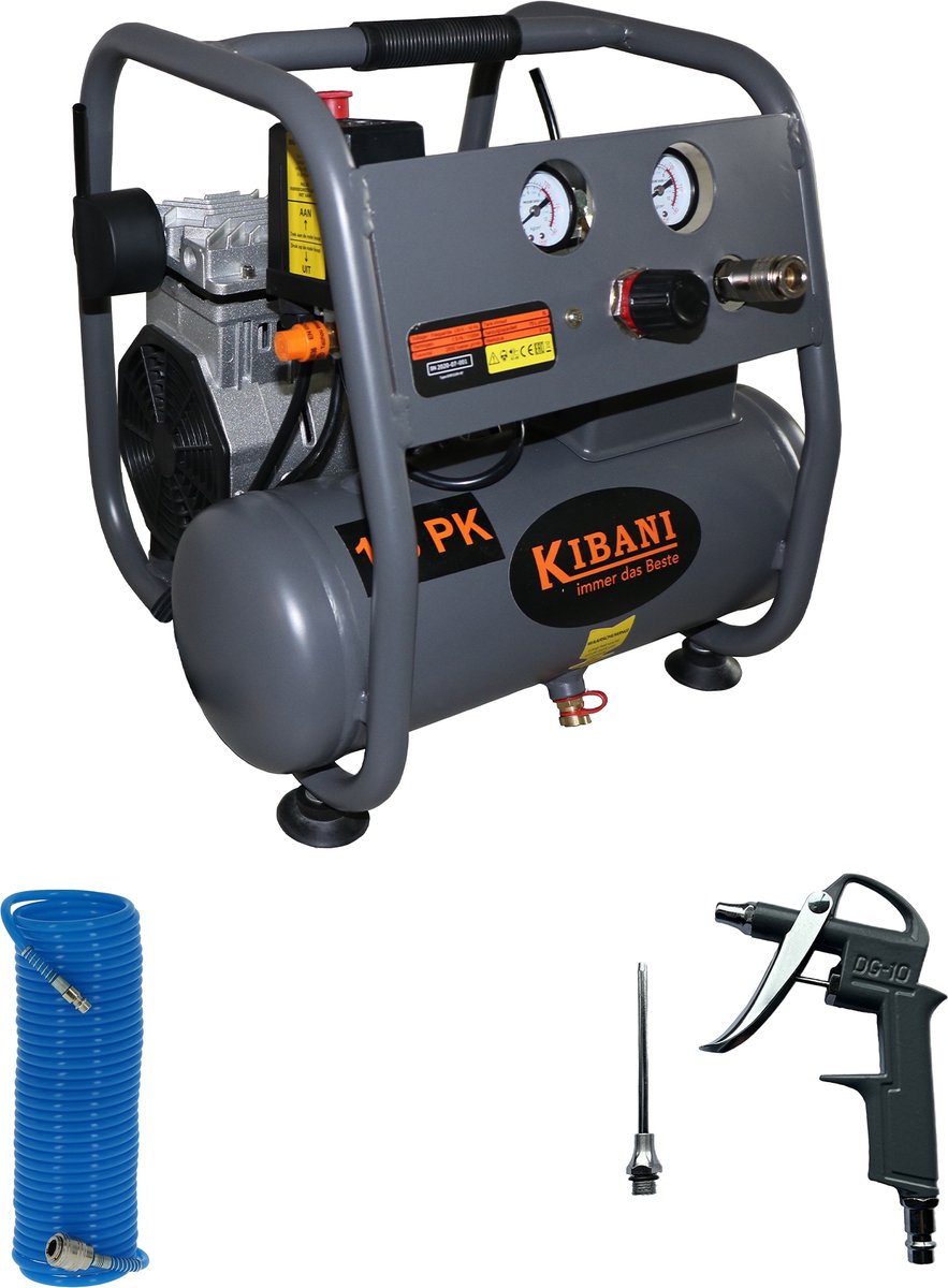 Kibani Super Stille Compressor 6 liter + luchtslang + luchtspuit - SET - Compressoren - Luchtdruk - Luchtdrukgereedschap - Gereedschap - Luchtcompressor - 6L