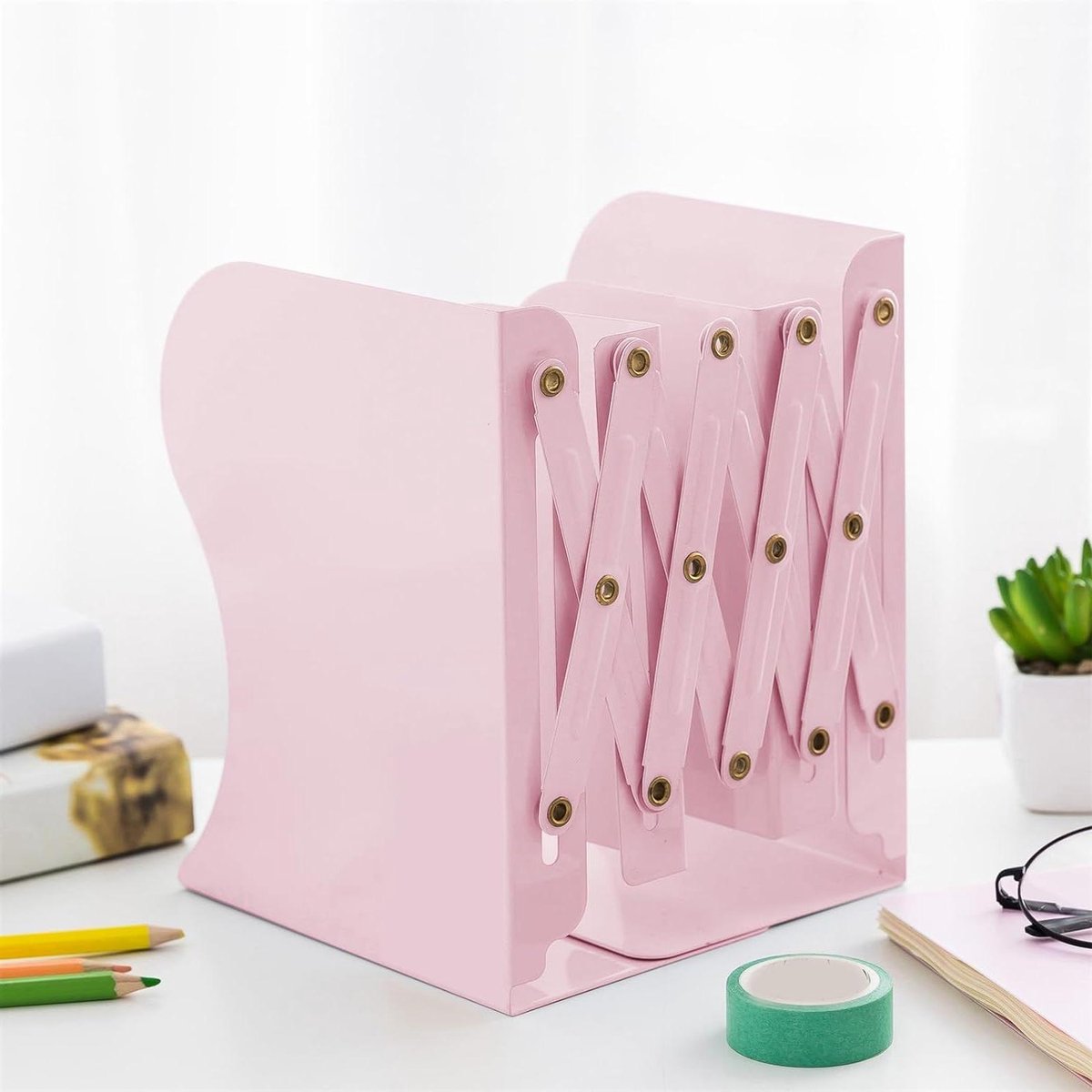 Verstelbare Boekensteunen - Boekenhouders Bureau - Boeken Organiseren - Intrekbaar Ontwerp - 20x16x12 cm - Roze
