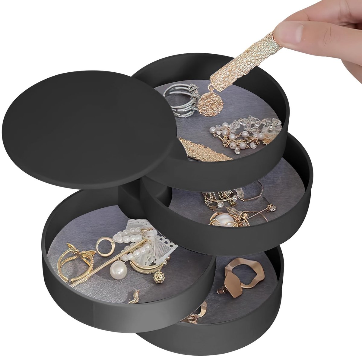 Dailygoods- Sieradenkistje 360 graden draaibaar - 4 niveaus - Compact - Draagbaar - Fluwelen binnenvoering - Ideaal voor ringen/halskettingen - Sieradenbox