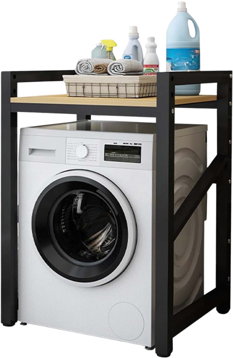 Livista Wasmachinerek - Wasmachine kast - Badkamerrek – Ruimtebesparende Wasmachine Organizer – Stalen Frame – 3 Hoogtestanden – Water-, Kras- en Hittebestendig Werkblad – Antislip Voetjes – 200 kg Draagvermogen - Zwart/Hout