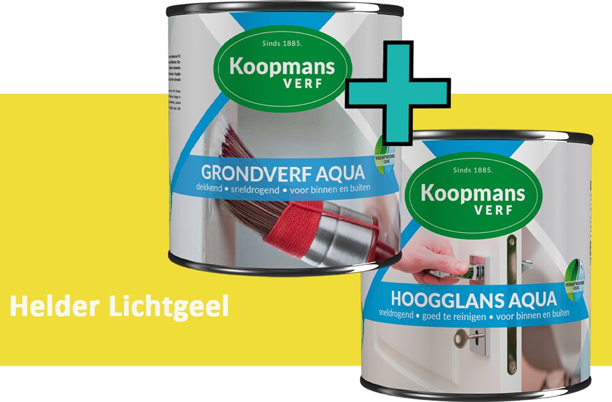 Koopmans Grondverf Aqua en Hoogglans Aqua Verfset - Binnen en Buiten - Helder Lichtgeel - 2x 2,5 l