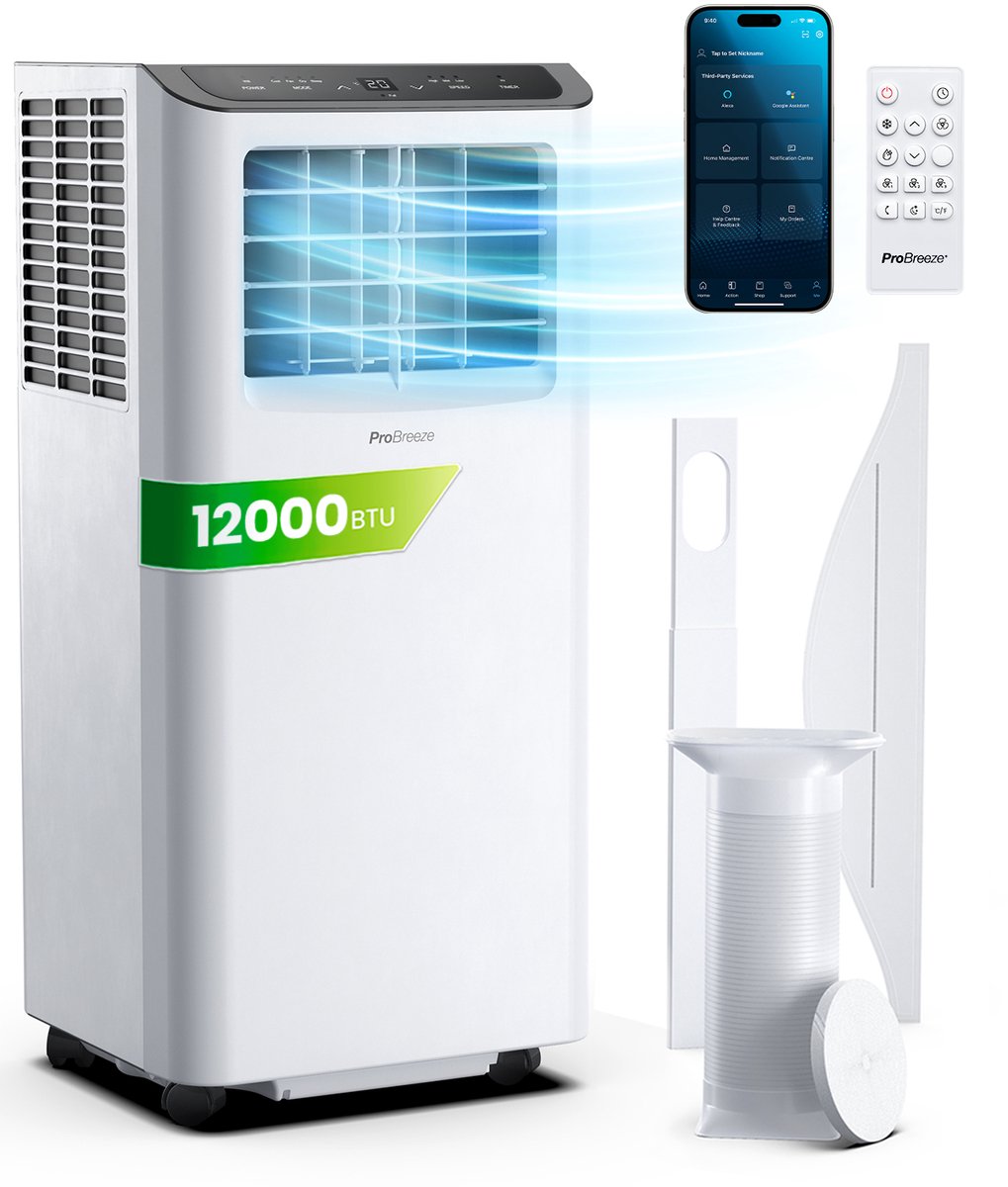 Pro Breeze Mobiele Airco – 12000 BTU - Extra Krachtig – 4-in-1 Luchtkoeling, Ontvochtiging, Ventilatie en Slaapmodus – Airco voor Slaapkamer, Woonkamer, Kantoor, Gym – Smart Home WiFi - 24-uurs Timer & Incl Raamafdichtingkit – Energieklasse A – Wit