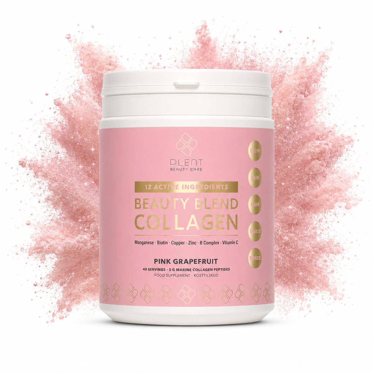 Plent Beauty - Beauty Blend Viscollageen - Pink Grapefruit - 40 doseringen - Met 12 actieve ingrediënten ter ondersteuning van huid, haar, nagels en botten