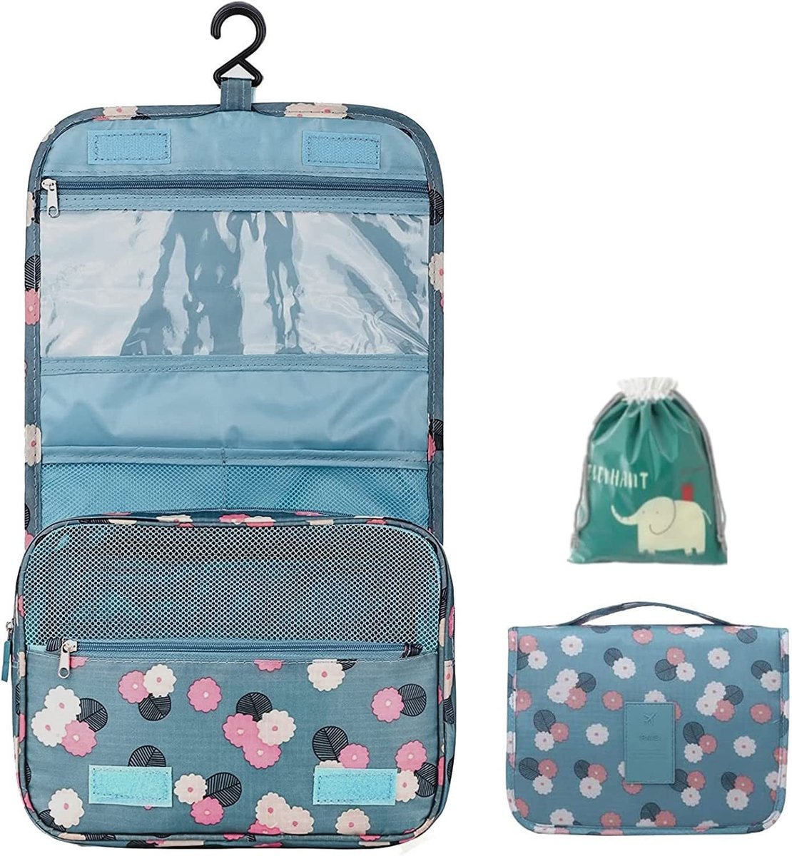 Dailygoods- Toilettas met haak - Waterdichte Organizer - Draagbare Make-uptas - Compact - Meerdere vakken - Bloemenprint - Opbergtas