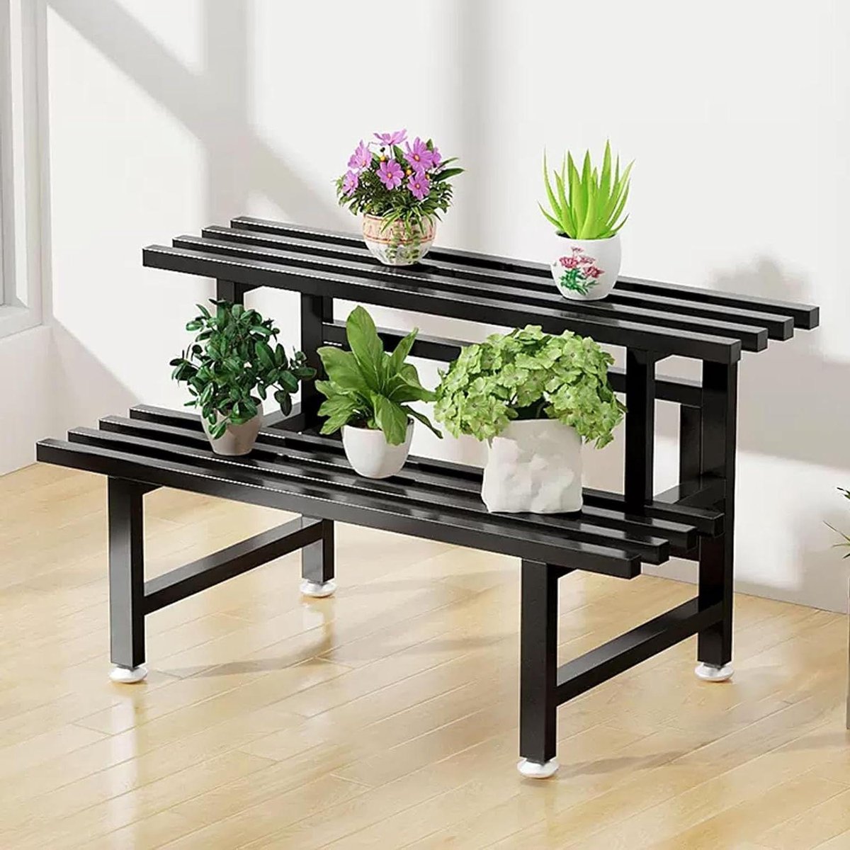 Plantenstandaard 3 niveaus - Bloemenplank trapstijl - Planten presenteren - Verstelbare voeten - 80 cm breed - Zwart