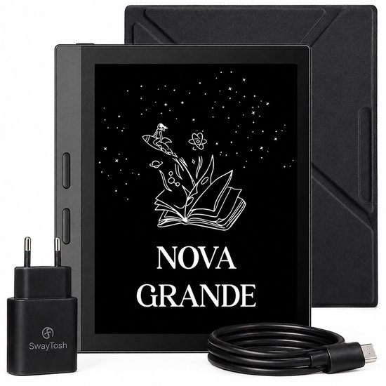 Nova Grande e-reader, oplader en USB-kabel. Scherm toont een open boek met een raket en bloemen.