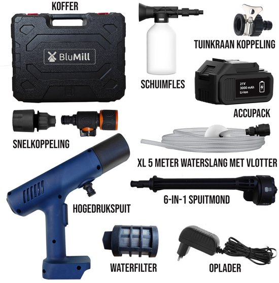 BluMill Hogedrukreiniger op Accu - Draadloze Hogedrukspuit - 6 in 1 Spuitkop - 5 m Waterslang - Voor Auto, Tuin en Camping van BluMill — afbeelding 3