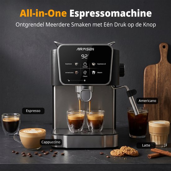 Zwart espressotoestel dat espresso, cappuccino, americano en latte maakt. Met touchscreen en stoompijpje.