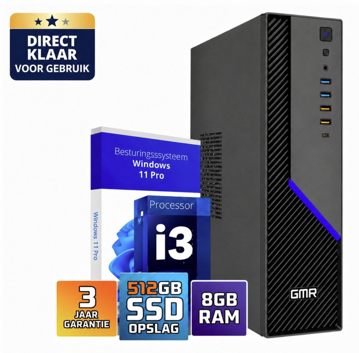 Desktop Computer Intel Core i3 | 8GB RAM | 512GB SSD | Windows 11 Pro | Office PC | Werkcomputer | Zakelijke Computer | Thuiswerk PC | Studie Computer | Kantoor PC | Plug & Play | Direct Klaar voor Gebruik | WiFi | 3 Jaar Garantie