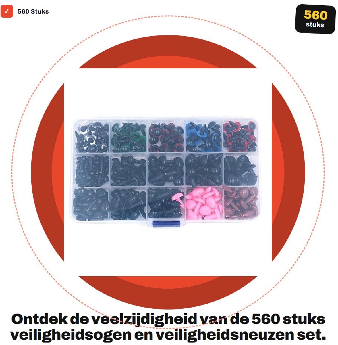 Dailygoods- Veiligheidsogen Set 560 Stuks - Veiligheidsneuzen - Ringen - Kunststof - Verschillende Maten - Kleurrijk - Knopen