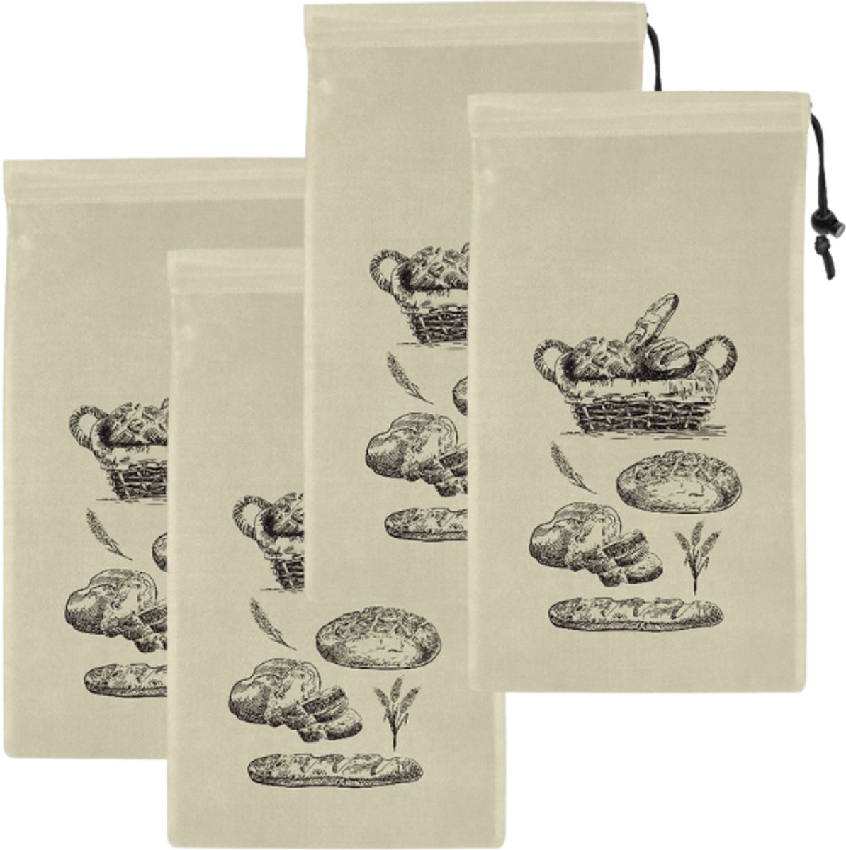 4 stuks linnen broodzakken om vers te houden, broodzak met trekkoord 38x24 cm linnen zak voor brood, herbruikbare broodzak, broodopslag, linnen zak voor broodopslag