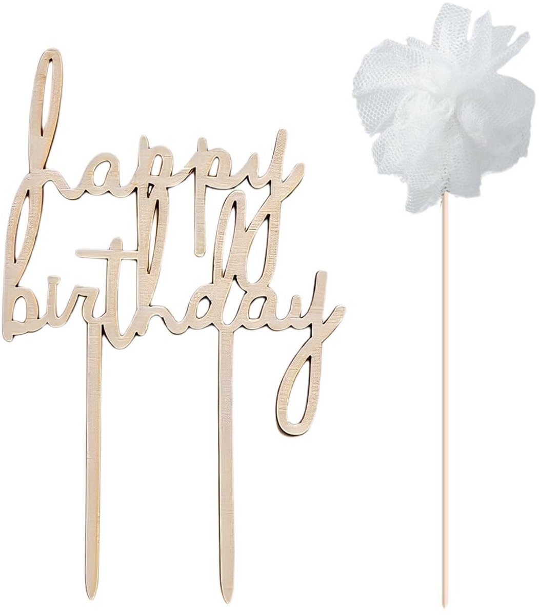 Dailygoods- Taarttoppers Happy Birthday - Taartdecoratie - Houten Decoratie - Duurzaam - Herbruikbaar - Afmetingen 12,8 x 8,5 cm