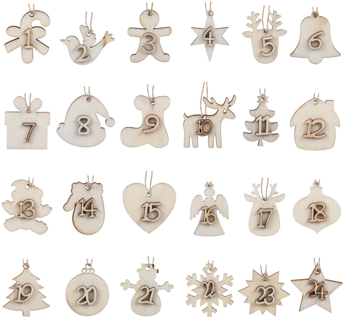 Dailygoods- Houten Hangers 24 Stuks - Adventskalender - Kersthangers - Cijfers 1-24 - Houten Decoratie - Schattige Motieven