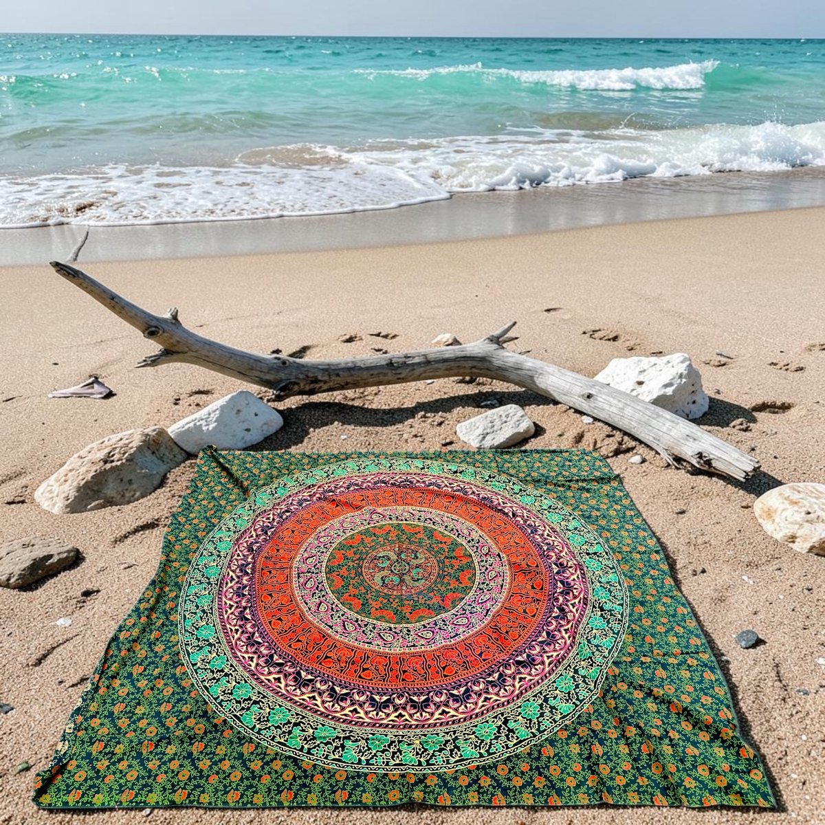 Lindian style - XL strandkleed - Groot strandlaken - tweepersoons strandkleed - Groen/Oranje/Geel/Rood - Familie strandlaken - XL strandlaken - Duurzaam katoen - Zomer sprei