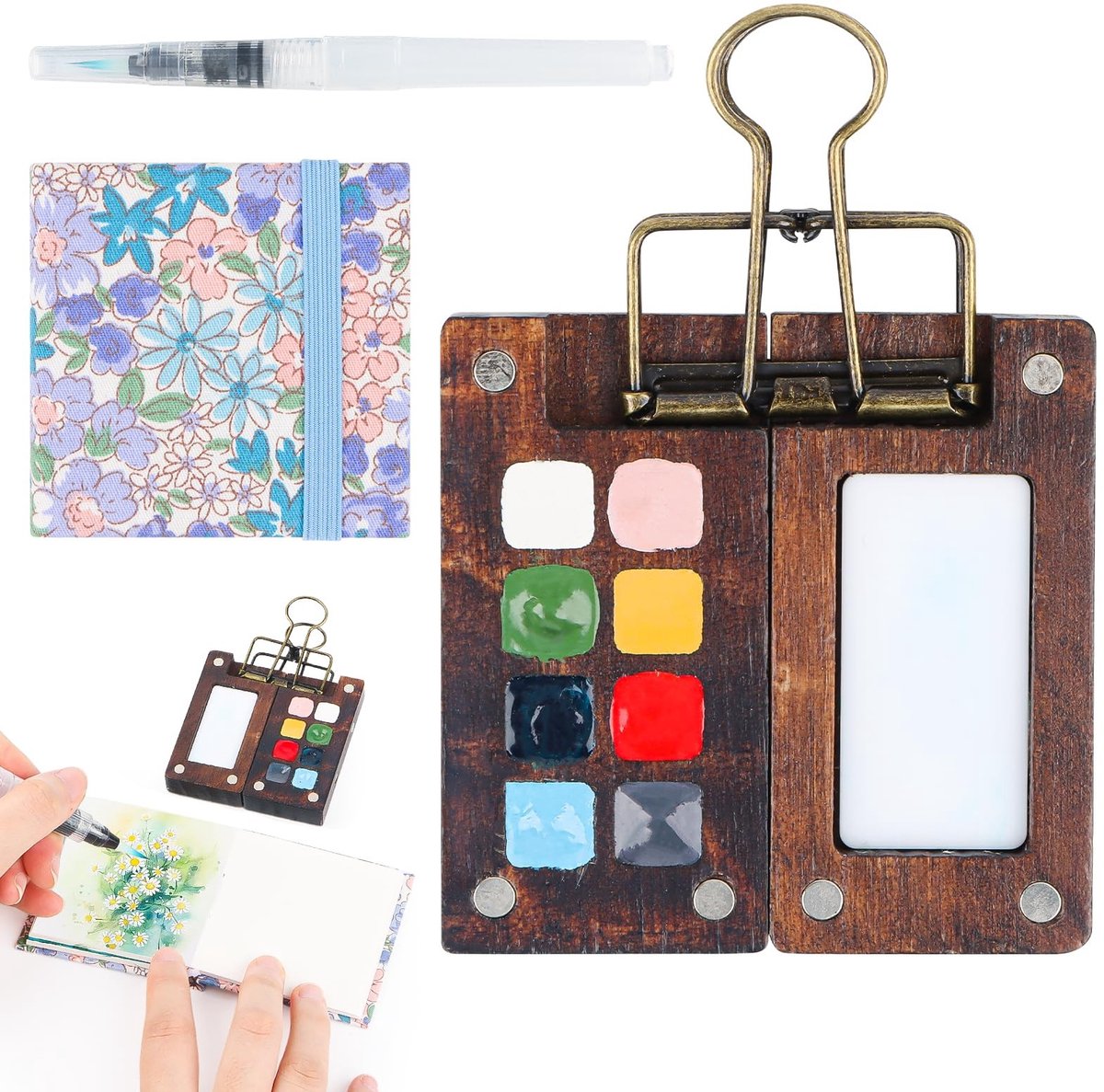 Dailygoods- Mini-pallets Set van 8 - Houten mini-pallets - Voor op reis - Aquarel/gouache/acrylverf - Inclusief papier/pen/clip - Lichtgewicht en compact - Verfpalet