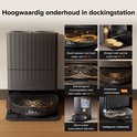 Grijze docking station met zwarte robotstofzuiger, met weergave van mops op 80°C en warme lucht op 55°C.