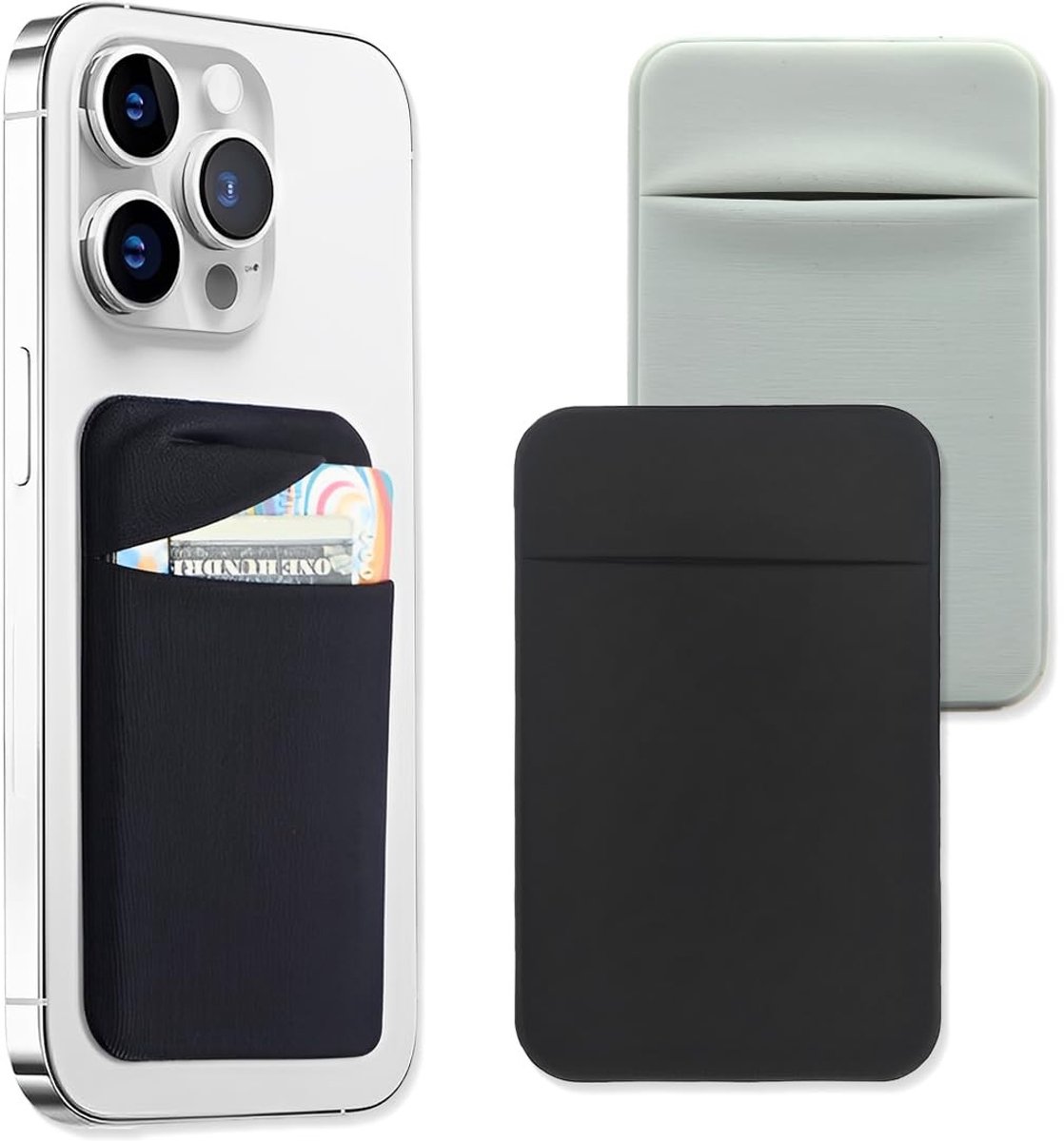 Dailygoods- Telefoonkaarthouder 2 Stuks - Zelfklevende Sticker - Rekbare Stoffen Hoezen - Identiteitskaart/Creditcard - Robuust Materiaal - Zwart/Grijs - Kaarthouder