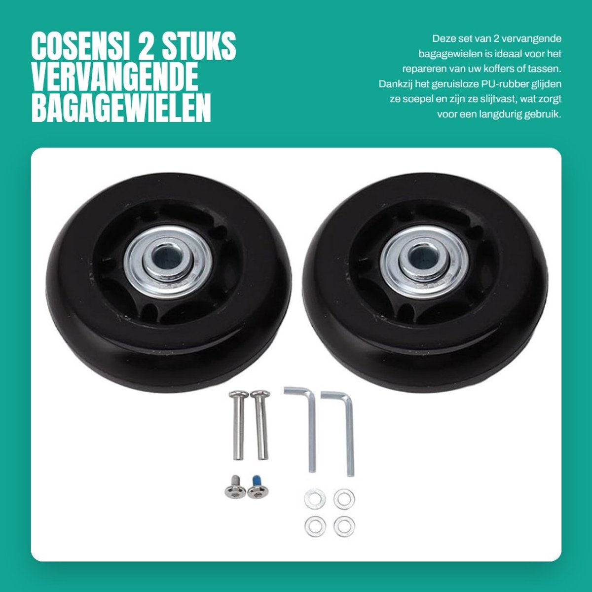 Dailygoods- Kofferwielen Vervangset - Geruisloze Rubberen Wielen - Slijtvast - Dubbel Gelagerd - Flexibele Rotatie - 76x24mm - Bagagewielen