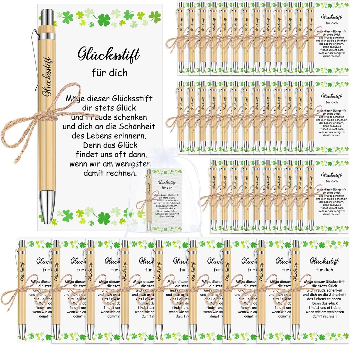 Dailygoods- Gelukscadeauset 45 stuks - Houten Balpennen met Gravure - Organza Zakjes - Inspirerende Kaarten - Uniek Ontwerp - Elegante Verpakking - Cadeauset