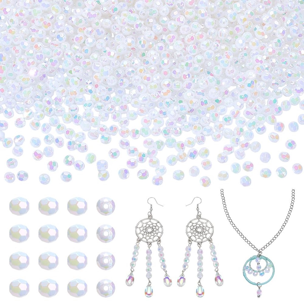 Dailygoods- Acryl Kralen 1500 Stuks - Gefacetteerde Ronde Kralen - 6 mm Diameter - Witte AB Kleur - Losse Kralen - Geschikt voor Sieraden Maken
