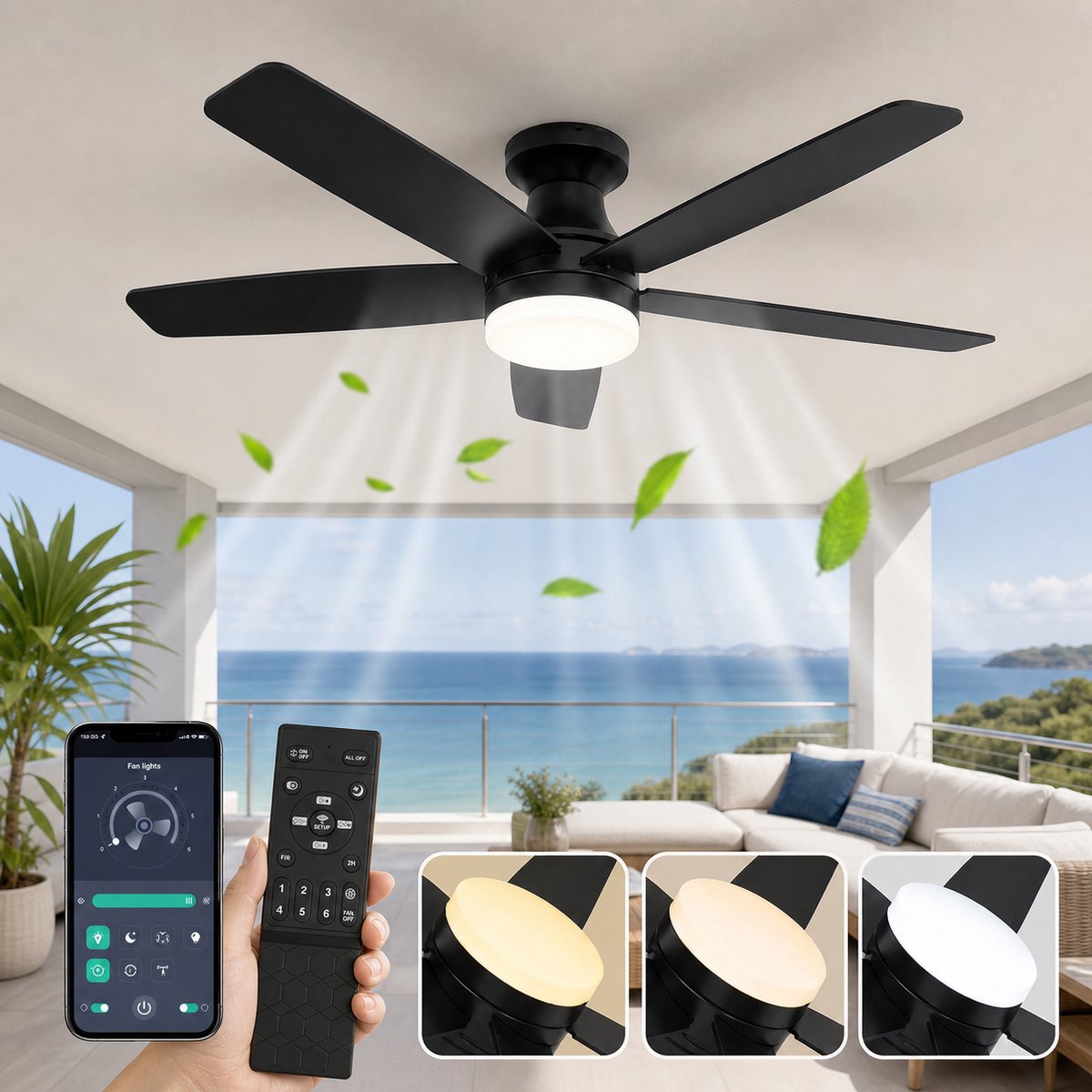 Mupoo Moderne Zwart Plafondventilator Met Verlichting Houten Bladen 106cm-Afstandsbediening En App-Stille &Zomer En Winterstand-Dimbaar& 6 Snelheden