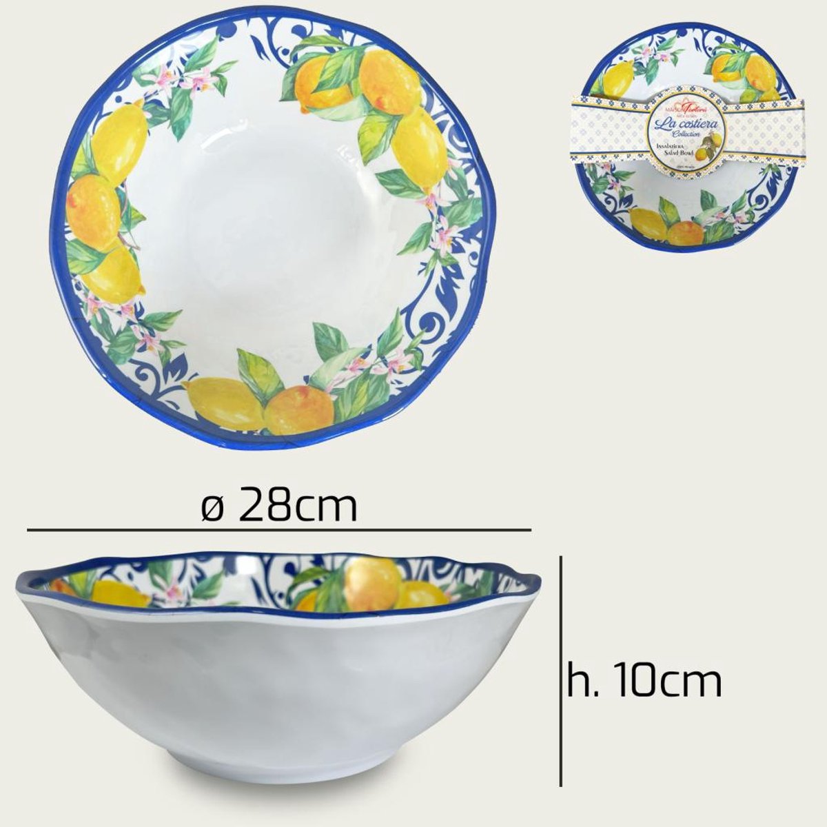 Arca Limoni Due collection - Melamine kom Ø28xH10cm – licht in gewicht – makkelijk stapelbaar – voor binnen en buiten