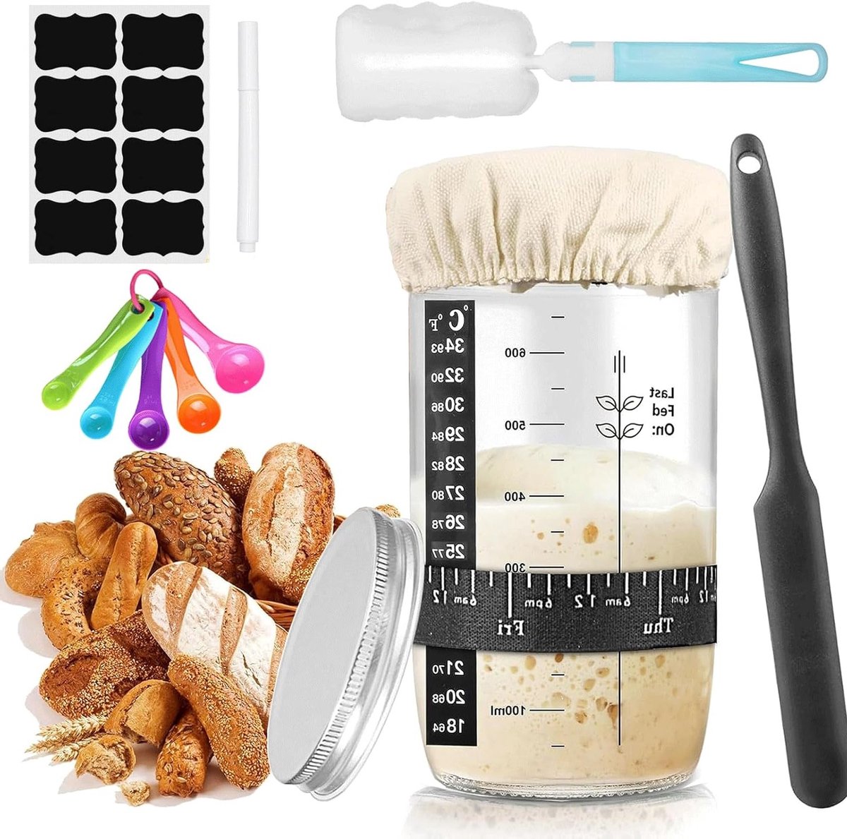 Sourdough Starter Set voor het maken van zuurdesembrood met fermentatieglas, gistdoek en temperatuurband