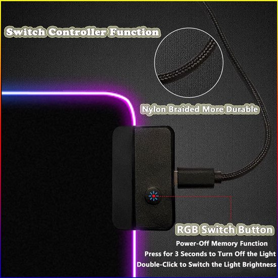 RGB Muismat - Gamen Onderlegger - Gaming Setup - 14 Lichtmodi - 600 x 300 x 4 mm - Grijs — afbeelding 4