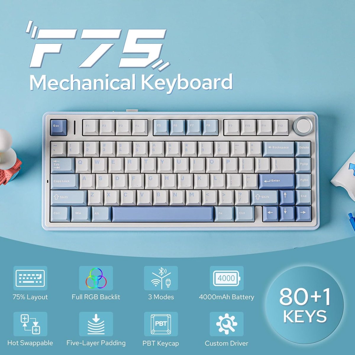AULA F75 - Draadloze Gaming Toetsenbord - Gletsjer Blauw thumbnail 3