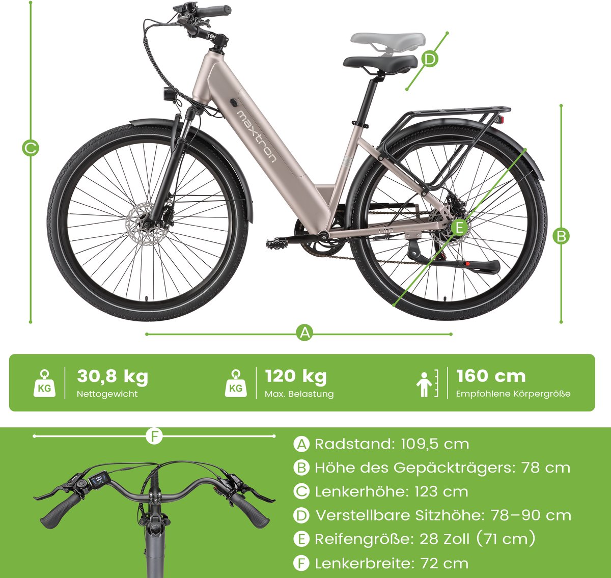 Maxtron Lira 28 Inch Elektrische Stadsfiets - 48V 15Ah Lithium-accu - Actieradius tot 140 km - 250W Motor - Hydraulische Schijfremmen - Shimano 7 Versnellingen - Max. Belastbaar 120 kg - Met Achterlicht - Goud thumbnail 8