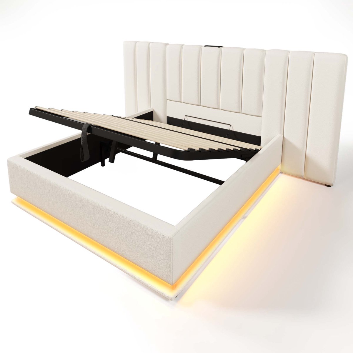 Gestoffeerd tweepersoonsbed van 180x200 cm met opbergruimte, app-gestuurde ledverlichting en USB-C-oplaadfunctie. Het bedframe heeft een lattenbodem, is gemaakt van PU-materiaal en is wit. Matras en nachtkastje zijn niet inbegrepen.