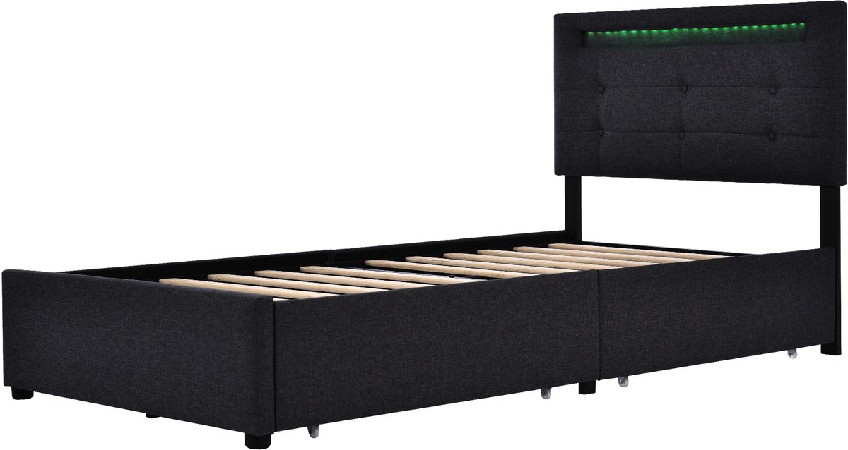 COVREO Bedframe 90x200 cm zwart stof met LED en 2 lades zonder matras