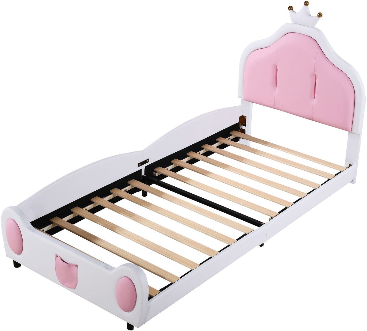 COVREO Kinderbed 90 x 200 cm – wit roze kunstleer, kroon hoofdbord, 200 kg