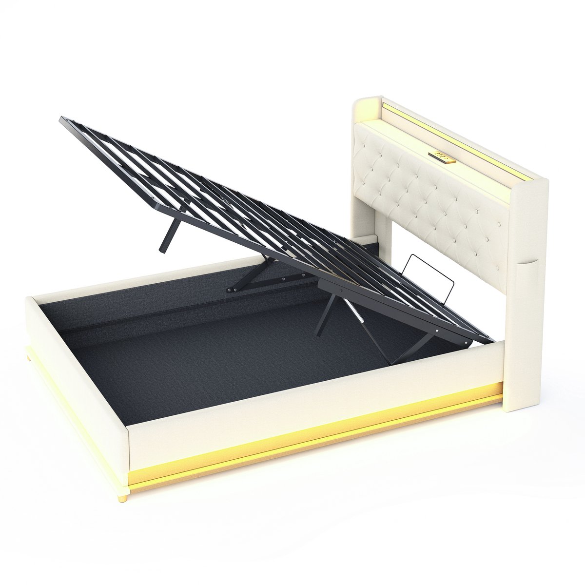 COVREO Bedframe 140x200 cm beige, USB, opbergruimte, zonder matras