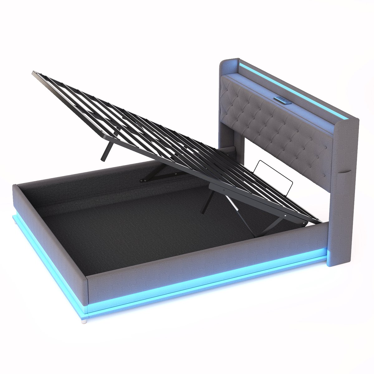 COVREO Bedframe 160x200 cm - grijs stof, LED, opbergruimte, zonder matras Gray